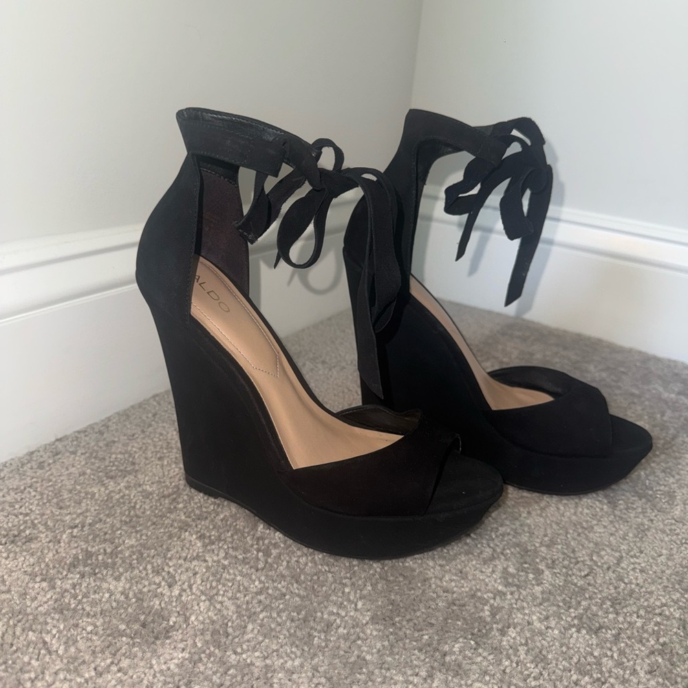 Aldo Black Suede Ankle-Tie Wedge Sandals